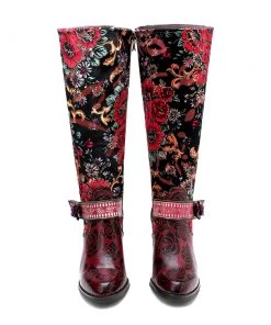 Genuine Leather Red Flower Color Block Leather Knight Knee Boots Heel Boots - Soffia