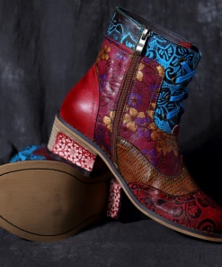 SOFFIA | Genuine Leather Rose Vs Plum Blossom Lace-Up Mid-heel Ankle Boots