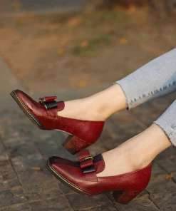 SOFFIA | Rainbow Stitch Bow Floral Embossed Leather Pump