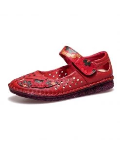 XR Rumour Has It | Perforated Flower Printed Leather Mary Jane Flats- Red NEW ARRIVALS