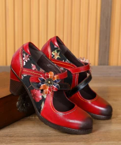 RXD SOFFIA | MILAS Side Flower Appliqued Red Leather Mary Jane