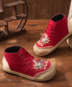 TC Embroidered Floral Head Hi-Top Sneakers Espadrilles - Cactus Rose