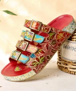 RXD SOFFIA | Genuine Leather Multi Straps Floral Embossed Sandals - Red