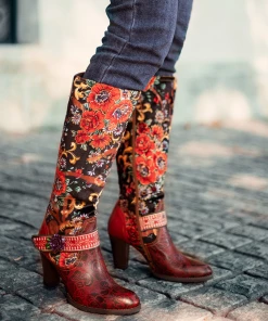 NEW ARRIVALS SOFFIA | Genuine Leather Peony Paisley Boho Knee Boots