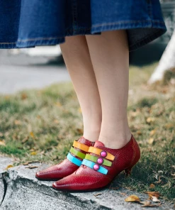 SOFFIA | Genuine Leather Colorful Tri-Strap Relieffed Leather Sandals Heel Oxford Shoes