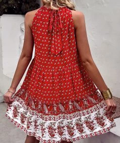 DY CARLYLE HALTER DRESS - RED PRINT New In Clothing