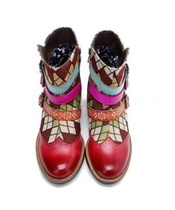 Shoes SOFFIA | Genuine Leather Bohemian Diamond Block Colorful Printed Leather Moto AnkleBoots