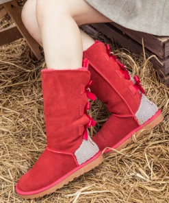 XH NEW ARRIVALS SMAIBULUN UGG™ | Back Rhinestone & Ribbon Triple Bow Tie Suede Boots - Red