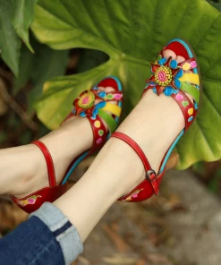 NEW ARRIVALS SOFFIA | Genuine Leather Bloom Flower Applique Low Heel Strapy Sandals
