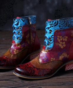 SOFFIA | Genuine Leather Rose Vs Plum Blossom Lace-Up Mid-heel Ankle Boots