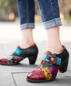 SOFFIA | Art Geometric Floral Appliqued Leather Mid Heel Ankle Boots Pumps