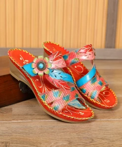 RXD SOFFIA | Red Floral Perforated Genuine Leather Slides