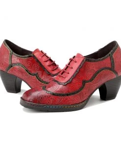 Genuine Leather Floral Embossed Oxford Shoes Heel Bootie Pumps - SOFFIA