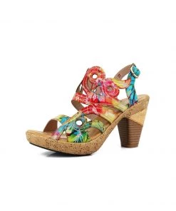 RXD NEW ARRIVALS SOFFIA | Genuine Leather Garden Print Swirl Heel Sandals - Red