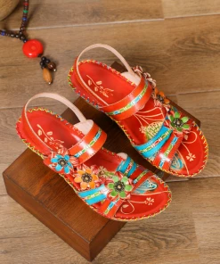RXD SOFFIA | Red Floral Applique Genuine Leather Low Heel Sandals