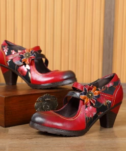 RXD SOFFIA | MILAS Side Flower Appliqued Red Leather Mary Jane