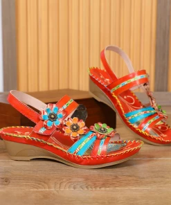 RXD SOFFIA | Red Floral Applique Genuine Leather Low Heel Sandals