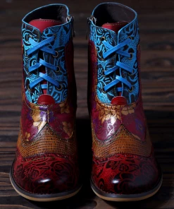 SOFFIA | Genuine Leather Rose Vs Plum Blossom Lace-Up Mid-heel Ankle Boots