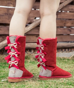 XH NEW ARRIVALS SMAIBULUN UGG™ | Back Rhinestone & Ribbon Triple Bow Tie Suede Boots - Red