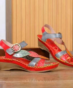 RXD SOFFIA | Red Floral Leaf Applique Genuine Leather Sandal NEW ARRIVALS