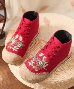 TC Embroidered Floral Head Hi-Top Sneakers Espadrilles - Cactus Rose