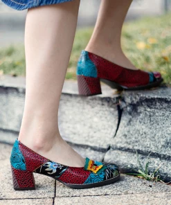 SOFFIA | Butterfly Applique Floral Embossed Round Toe Mid Heel Leather Pumps NEW ARRIVALS