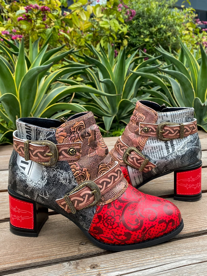 YL Embossed Triple-Flower Bootie Ankle Boots Heel Boots - En Bloom Shoes 5 YL Embossed Triple-Flower Bootie Ankle Boots Heel Boots - En Bloom Shoes