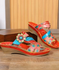 RXD SOFFIA | Red Floral Perforated Genuine Leather Slides