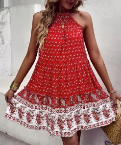 DY CARLYLE HALTER DRESS - RED PRINT New In Clothing
