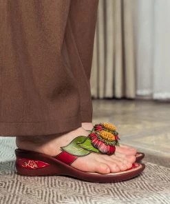 JF NEW ARRIVALS SOFFIA | Genuine Leather Plumeria Appliqued Flip Flop Low Heel Sandals - Red
