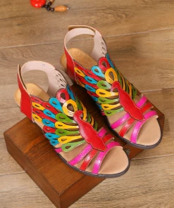RXD SOFFIA | Genuine Leather Multi Color Cut Out Peacock Low Heel Sandals NEW ARRIVALS