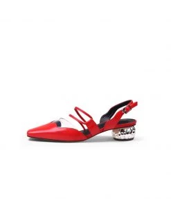 Jady Rose JadyRose | Double Strap-Detail Low Heel Point Toe Leather D'Orsay Pumps Sandals- Red NEW ARRIVALS