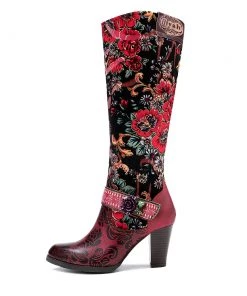Genuine Leather Red Flower Color Block Leather Knight Knee Boots Heel Boots - Soffia
