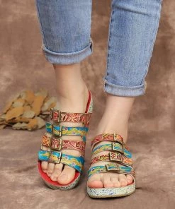 RXD SOFFIA | Genuine Leather Multi Straps Floral Embossed Sandals - Red