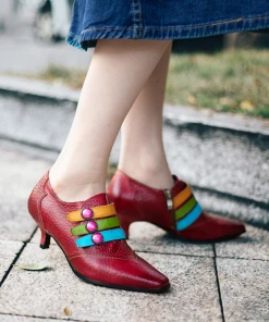 SOFFIA | Genuine Leather Colorful Tri-Strap Relieffed Leather Sandals Heel Oxford Shoes