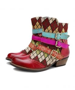 Shoes SOFFIA | Genuine Leather Bohemian Diamond Block Colorful Printed Leather Moto AnkleBoots