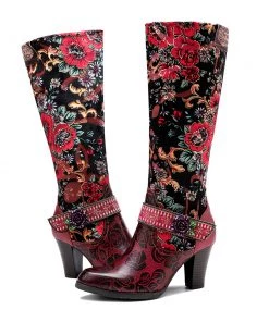 Genuine Leather Red Flower Color Block Leather Knight Knee Boots Heel Boots - Soffia