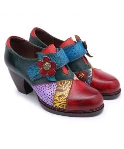 SOFFIA | Art Geometric Floral Appliqued Leather Mid Heel Ankle Boots Pumps