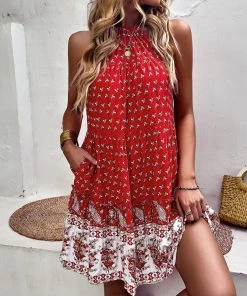 DY CARLYLE HALTER DRESS - RED PRINT New In Clothing
