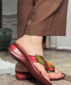 JF NEW ARRIVALS SOFFIA | Genuine Leather Plumeria Appliqued Flip Flop Low Heel Sandals - Red