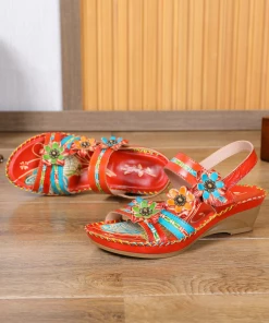 RXD SOFFIA | Red Floral Applique Genuine Leather Low Heel Sandals