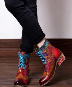 SOFFIA | Genuine Leather Rose Vs Plum Blossom Lace-Up Mid-heel Ankle Boots