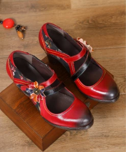 RXD SOFFIA | MILAS Side Flower Appliqued Red Leather Mary Jane