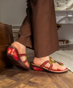 JF SOFFIA | Genuine Leather Daisy Ring Toe Cut Out Strap Leather Sandals Slides - Red NEW ARRIVALS