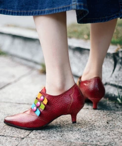 SOFFIA | Genuine Leather Colorful Tri-Strap Relieffed Leather Sandals Heel Oxford Shoes