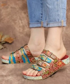 RXD SOFFIA | Genuine Leather Multi Straps Floral Embossed Sandals - Red