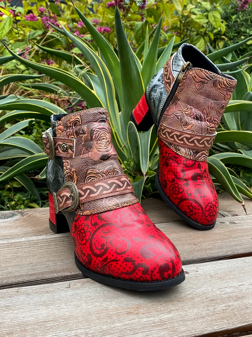 YL Embossed Triple-Flower Bootie Ankle Boots Heel Boots - En Bloom Shoes 1 YL Embossed Triple-Flower Bootie Ankle Boots Heel Boots - En Bloom Shoes