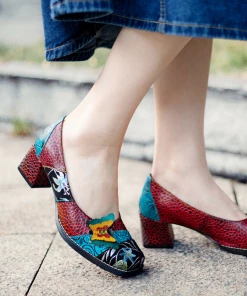 SOFFIA | Butterfly Applique Floral Embossed Round Toe Mid Heel Leather Pumps NEW ARRIVALS