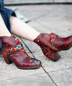 SOFFIA | Genuine Leather Orchid Embossed Red Heel Ankle Boots New In Shoes