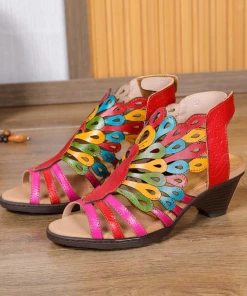 RXD SOFFIA | Genuine Leather Multi Color Cut Out Peacock Low Heel Sandals NEW ARRIVALS